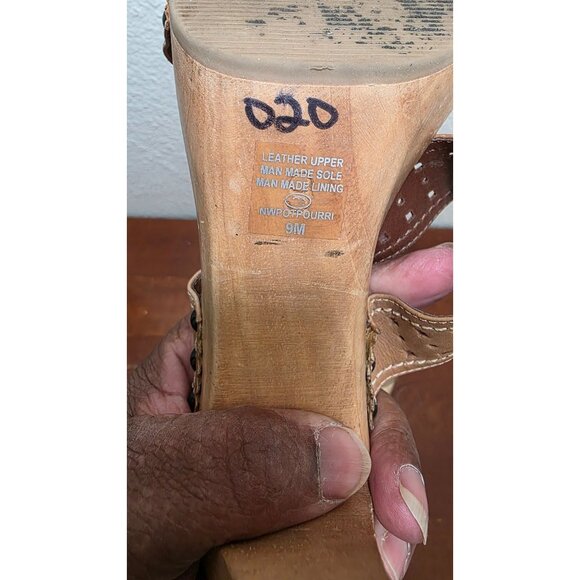 Nine West Tan Wood Platform Block Perforated Leather Heeled Sandals Size 9 - Picture 7 of 10